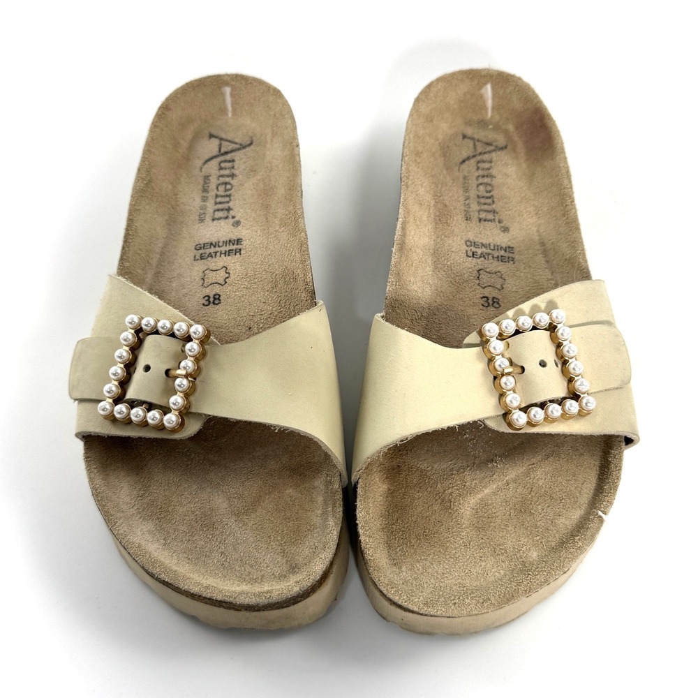 Autenti Batistella Womens Cream Leather Pearl Buckle Platform Slide Sandals 38 - Picture 8 of 10